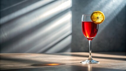 A Refreshing Red Beverage in a Crystal Glass with a Citrus Garnish, Bathed in Sunlight on a Wooden Surface
