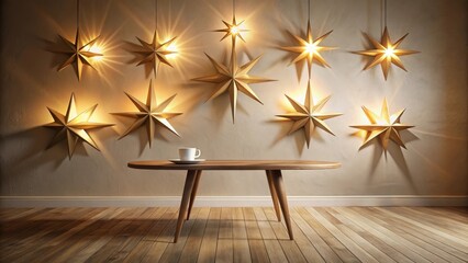 Illuminated Golden Stars Adorn a Room with Wooden Floor and Table Featuring a Single Cup