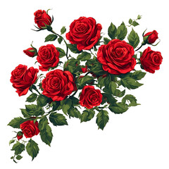 Cascade of Crimson Roses: A vibrant bouquet of scarlet roses gracefully cascades down, intertwining with verdant leaves, creating a vivid display of nature's elegance and beauty.