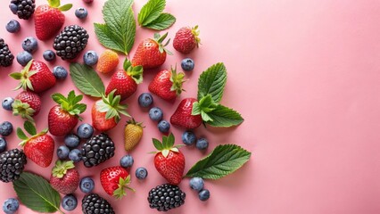 A vibrant arrangement of fresh strawberries, blueberries, blackberries, and mint leaves on a pale pink background, ideal for healthy eating and culinary concepts.
