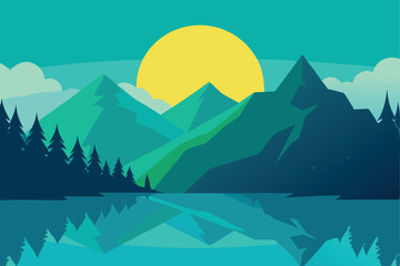 Serene Mountain Lake Sunrise A Minimalist Landscape Illustration