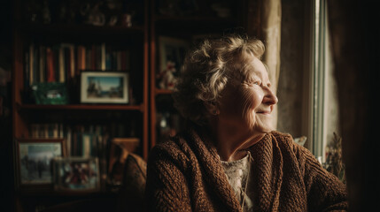 An elderly woman sitting quietly by the window, thoughtful and serene, soft natural light, peaceful moment, introspection, calm atmosphere, home interior, gentle mood.