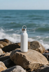 Eco Travel Essentials, White Reusable Water Bottle on Coastal Rocks by the Sea