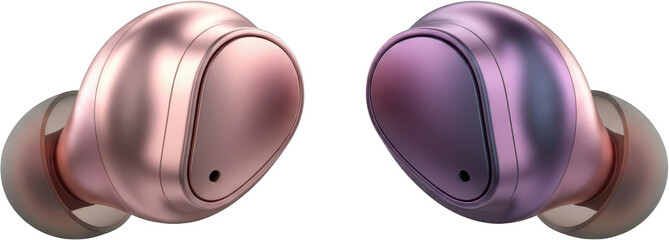 Two modern wireless earbuds in rose gold and purple hues close up view transparent background