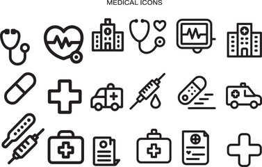 Medical icons stethoscope hospital heart monitor ambulance syringe capsule health care