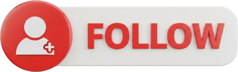 3D red 'Follow' button with user icon and plus symbol isolate social media