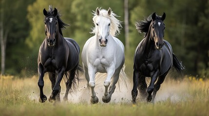 background white horses in the middle black horse in front