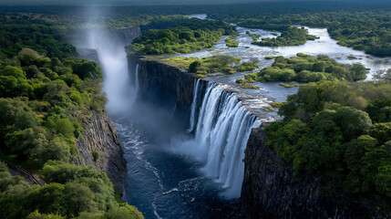 Fototapeta premium Aerial view of Victoria Falls with cascading water and mist.