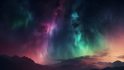 Naklejka premium Vibrant aurora borealis shimmers above silhouetted mountain peaks at dusk