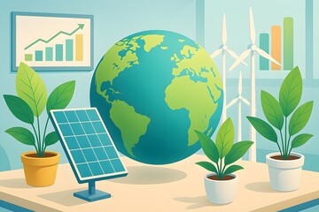 Eco-conscious illustration showing green technology solutions. Suitable for environmental campaigns, ESG reports, green tech startups, and educational materials.