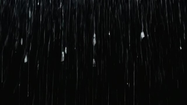 A looping heavy rain animation over a black background with isolated raindrops, ideal for visual effects and compositing.