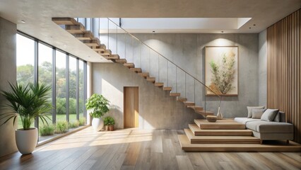 Modern Minimalist Home Interior Design Featuring a Wooden Staircase and Sunlit Floor