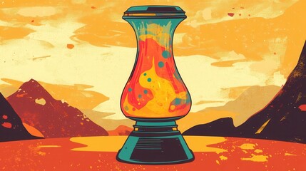 Colorful lava lamp in a desert landscape.