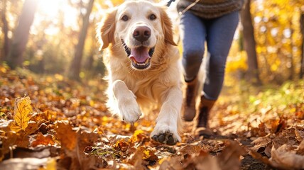 Golden retriever catching a stick on an autumn forest path with golden leaves under warm sunlight