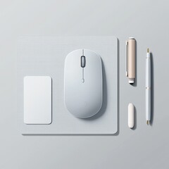 Minimalist Workspace Layout with Light Grey Background and Office Items