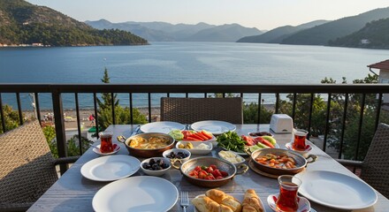 Fototapeta premium Lavish Turkish Breakfast Overlooking Tranquil Aegean Sea and Distant Mountains
