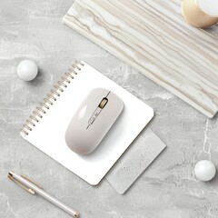 Flat Lay of Light Grey Workspace Items with Mouse, Notebook, and Decorative Elements
