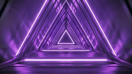 A 3D strobe-lit purple triangle tunnel with pulsating neon lights creating a hypnotic and dynamic effect. - Powered by Adobe
