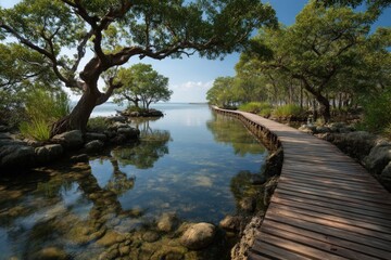 Wooden Boardwalk Through Tranquil Mangrove Forest