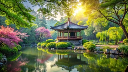 Fototapeta premium Serene Pavilion Reflecting in a Tranquil Garden Pond at Dawn