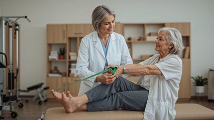 Woman doing resistance band exercise with physical therapist in rehabilitation center setting indoors