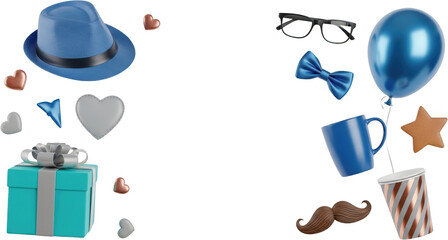 Blue fedora hat gift box balloon mustache bow tie mug and hearts Fathers Day transparent background