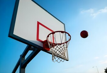 Outdoor basketball backboard and hoop rim with chain net in urban residential district, selective focus
