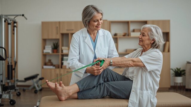 Woman doing resistance band exercise with physical therapist in rehabilitation center setting indoors