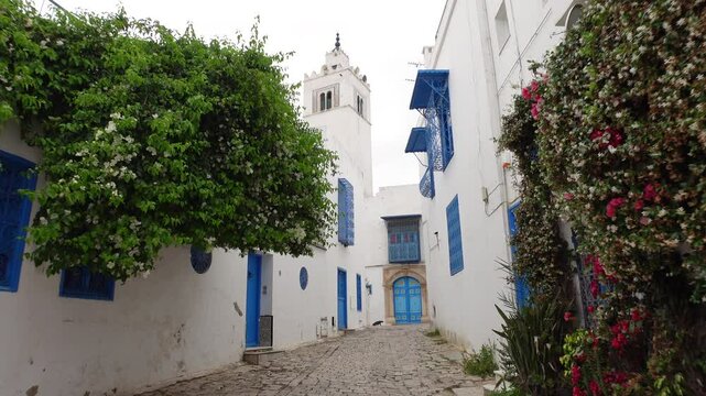 Walking towards historic mosque inside atmospheric alleys of small village of Sidi bou Said in Tunisia