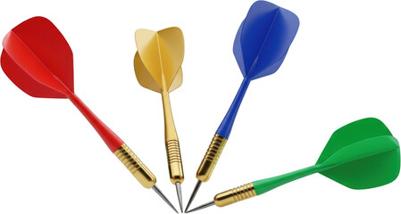Four colorful darts red gold blue and green arranged in a circular pattern with sharp points meeting transparent background