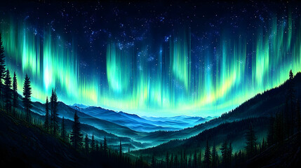 Aurora borealis lights up a misty mountain valley at night. Lush forest silhouettes against a backdrop of vibrant green-blue aurora and a star-studded sky
