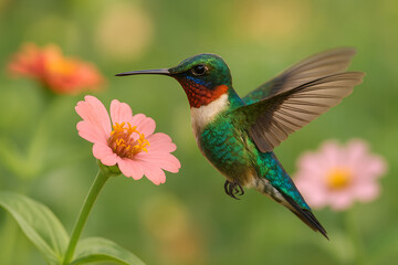 Fototapeta premium Vibrant Hummingbird in Flight, Hovering Near Pink Flower