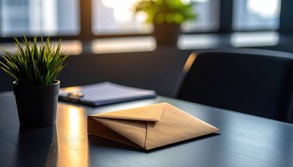 Brown Envelope on a Table with Sunlight and Green Plant Background