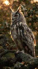 Obraz premium Majestic owl perched on a tree branch bathed in golden sunlight.