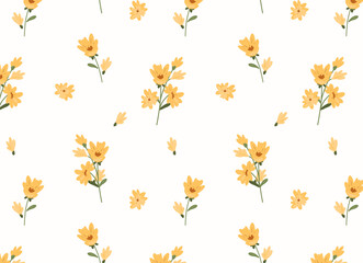Yellow floral seamless pattern in hand-drawn flat vector style. Simple small flowers with green leaves on white background, soft summer tones. Perfect for textiles, wallpapers, packaging, prints.