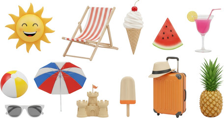 Collection of summer vacation items sun deck chair ice cream watermelon cocktail beach ball umbrella sunglasses transparent background
