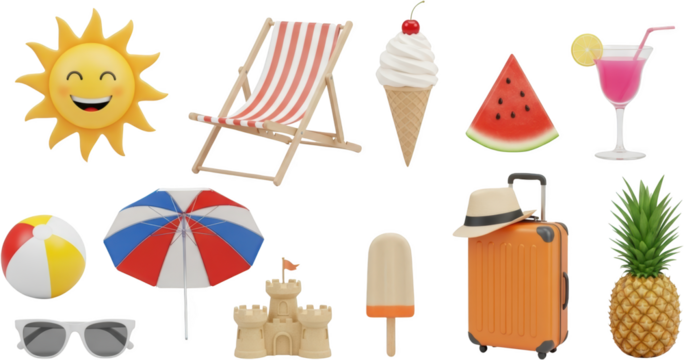 Collection of summer vacation items sun deck chair ice cream watermelon cocktail beach ball umbrella sunglasses transparent background