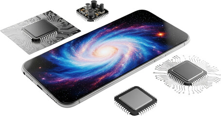 Smartphone displaying a vibrant galaxy surrounded by electronic microchips and circuitry components isolate