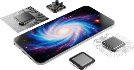 Smartphone displaying a vibrant galaxy surrounded by electronic microchips and circuitry components isolate