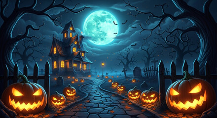Spooky halloween night with a haunted house glowing jack o lanterns and a full moon
