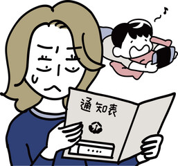 ゲームばかりの子供と通信簿を見る母