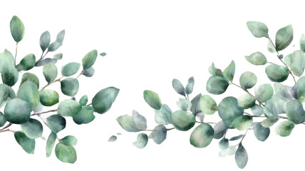 Watercolor eucalyptus greenery border with soft green leaves isolated on white background