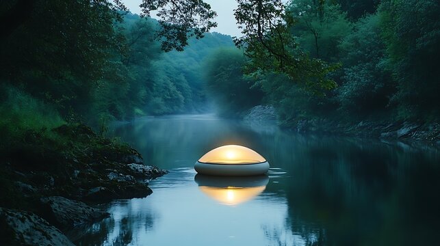 Glowing orb floating on a river surrounded by lush green trees and fog in a serene landscape scene