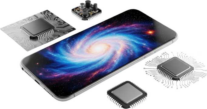 Smartphone displaying a vibrant galaxy surrounded by electronic microchips and circuitry components isolate - Powered by Adobe