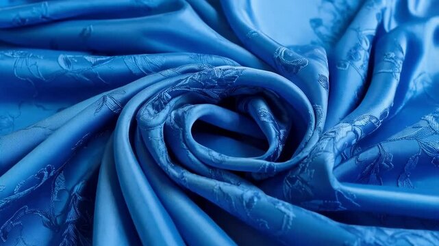 Elegant flowing blue silk fabric with intricate floral damask pattern in swirling design creating a luxurious textured background.