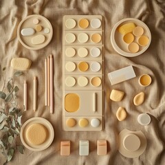 Soft Tan Linen Texture Arrangement with Artistic Objects and Subtle Hues