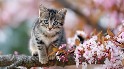 Blue eyed tabby kitten sitting on the branch of blooming cherry tree 