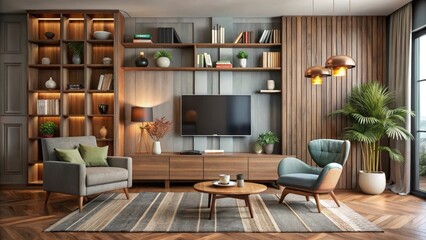 Fototapeta premium Modern Living Room Design with Wooden Accents and Comfortable Seating