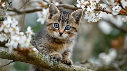 Fototapeta premium Blue eyed tabby kitten sitting on the branch of blooming cherry tree 