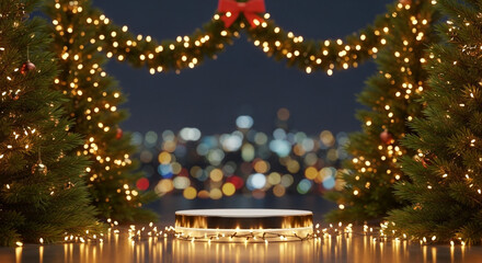 Empty christmas display podium surrounded by festive lights and trees with bokeh city background